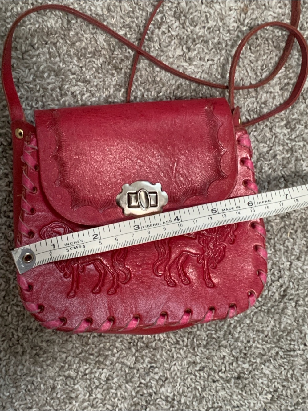 Y2K Red Leather Mini Crossbody Bag with Embossed Horse Details - Picture 6 of 7